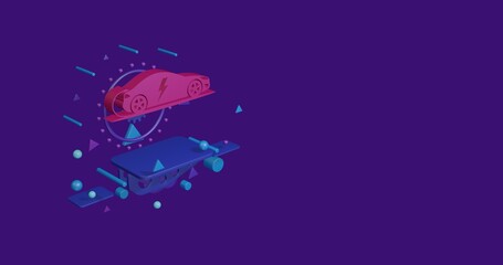 Pink electric car symbol on a pedestal of abstract geometric shapes floating in the air. Abstract concept art with flying shapes on the left. 3d illustration on deep purple background