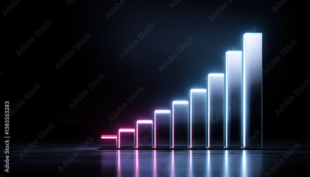 Poster stylized futuristic graph showing digital asset growth with glowing bars representing progress and s