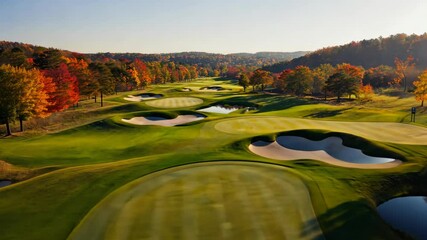 Colorful autumn landscape featuring a golf course with rolling hills and water hazards during golden hour light