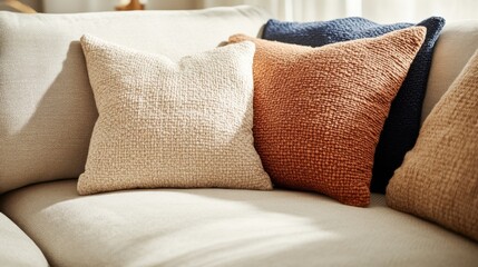 Cozy living room design with stylish throw pillows modern home interior soft textiles natural light close-up view comfort and elegance