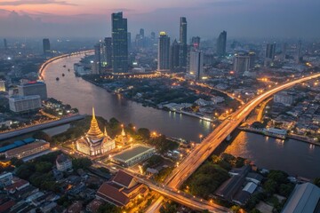 Naklejka premium City Skyline Over River at Twilight in Bangkok Generative AI