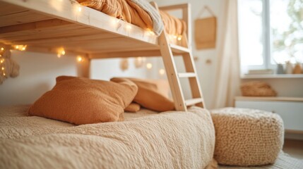 Cozy bunk bed setup for kids modern bedroom interior design inspiration soft textures bright atmosphere warm tones inviting space