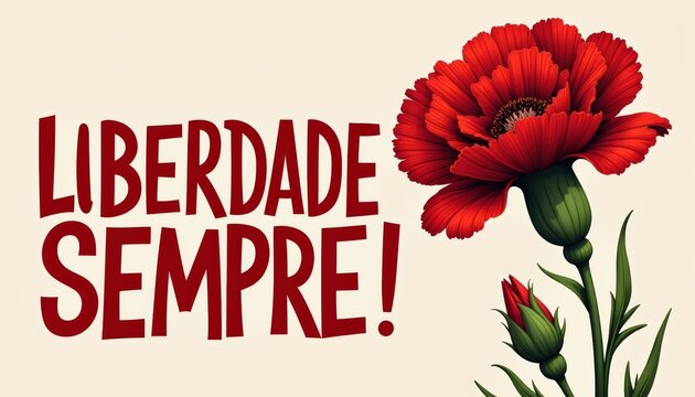 Traditional red carnation and red text "Liberdade sempre!" as national popular symbol of portuguese april freedom revolution. Card or banner to commemorate the date April 25