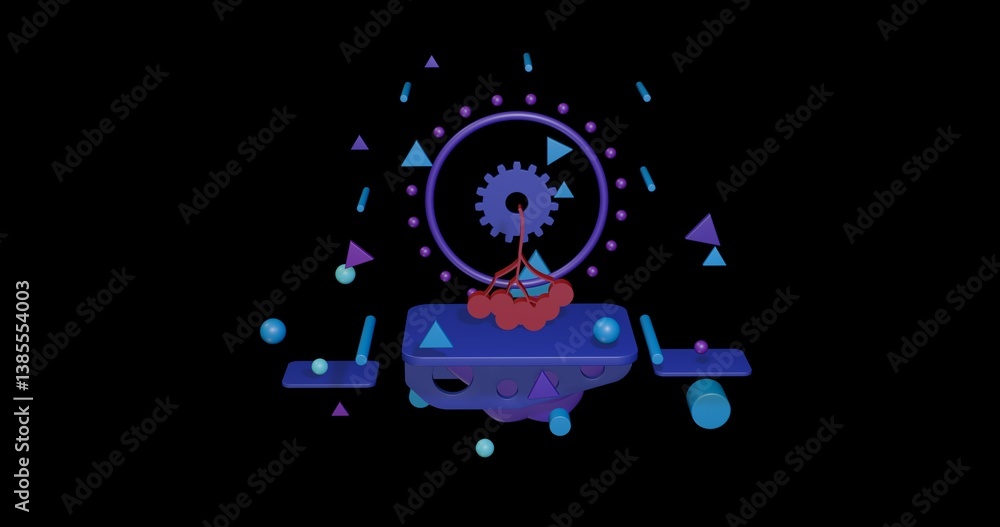 Poster red rowan berry on a pedestal of abstract geometric shapes floating in the air. abstract concept art