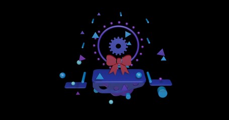 Red bow symbol on a pedestal of abstract geometric shapes floating in the air. Abstract concept art with flying shapes in the center. 3d illustration on black background