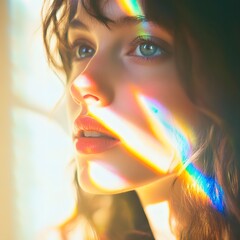 Obraz premium Young Woman with Rainbow Prism Light on Face