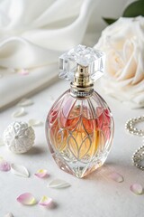 Elegant Perfume Bottle Surrounded by Roses and Petals Generative AI