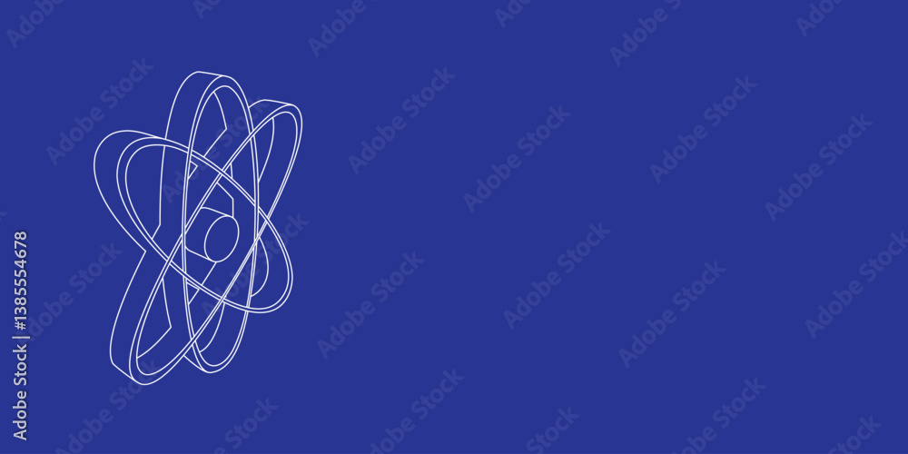 Poster the outline of a large atomic symbol made of white lines on the left. 3d view of the object in persp