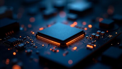 Close-up of a high-tech microchip with intricate circuits and glowing elements, dark background