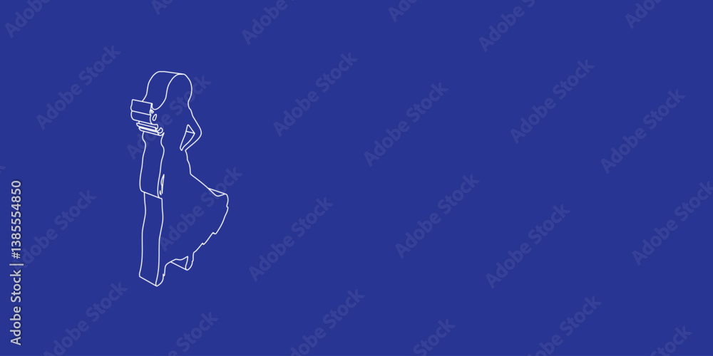 Poster the outline of a large lady symbol made of white lines on the left. 3d view of the object in perspec