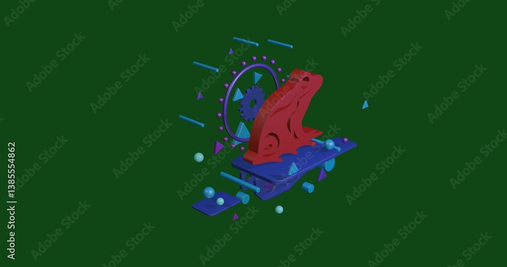 Poster red frog symbol on a pedestal of abstract geometric shapes floating in the air. abstract concept art