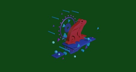 Red frog symbol on a pedestal of abstract geometric shapes floating in the air. Abstract concept art with flying shapes in the center. 3d illustration on green background