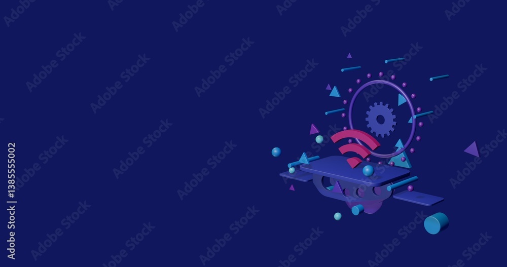 Poster pink wifi symbol on a pedestal of abstract geometric shapes floating in the air. abstract concept ar