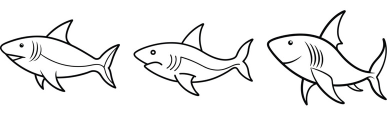 Fototapeta premium Cute Outlined Sharks on White Background, Simple Cartoon Sea Animals Set