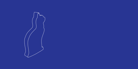 The outline of a large cat symbol made of white lines on the left. 3D view of the object in perspective. Vector illustration on indigo background