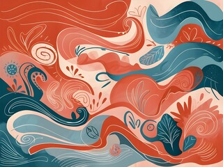 Fototapeta premium Abstract Wavy Lines in Boho Retro Style – Terracotta and Blue Decorative Art