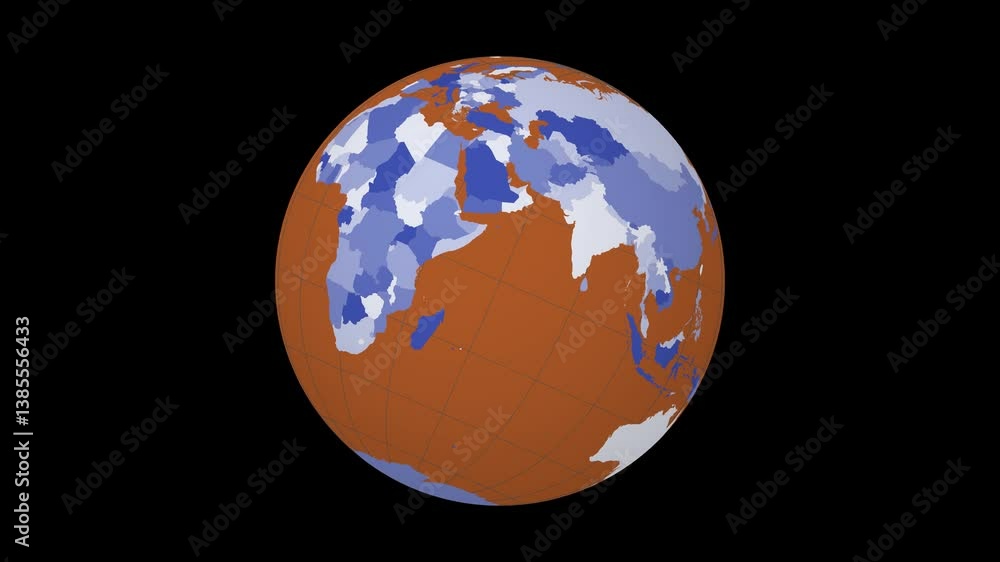 Poster spinning planet. tilted sphere view. moderate speed globe rotation. colored countries style. world m