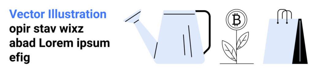 Watering can pouring, sprouting plant with Bitcoin, and shopping bag promote growth, technology, and eco-consciousness. Ideal for finance, sustainability, gardening, innovation business strategy