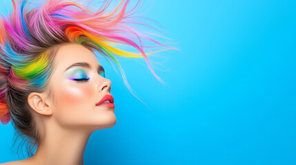 Naklejka premium A model showcases her striking rainbow-colored hair and bold makeup as she poses confidently against a vivid blue backdrop, highlighting creativity in fashion