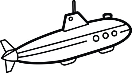 Submarine Black Outlined Vehicle, Underwater Boat Isolated on White