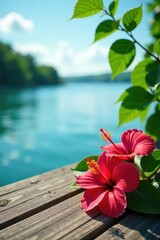 Colorful hibiscus flowers on a wooden dock overlooking a serene lake, scenery, hibiscus