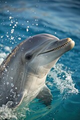 Naklejka premium Dolphin Swimming and Splashing in Clear Blue Ocean Waters Generative AI