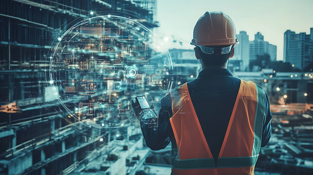 An AI powered system enhancing construction site management by analyzing real time worker activity and construction data, futuristic AI-driven construction platform, Construction technology style