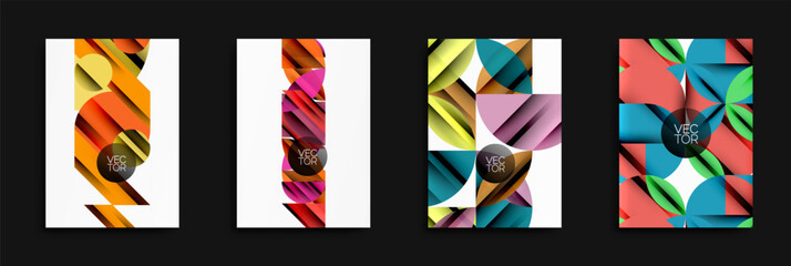 Fototapeta premium Abstract geometric designs dominate. Vivid colors, overlapping shapes create dynamic compositions. Modern vector illustrations suitable for backgrounds, posters, branding.