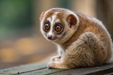 Obraz premium Curious Slow Loris Resting on a Wooden Surface in the Forest Generative AI