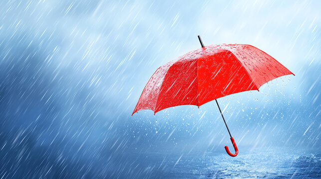 A bright red umbrella is held upright as heavy rain pours down, contrasting sharply with the dark stormy sky and rough waters. The scene captures the intensity of a stormy day at the coast
