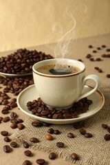 Fototapeta premium Freshly Brewed Coffee With Aromatic Beans on a Rustic Surface Generative AI