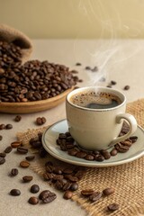 Freshly Brewed Coffee in a Cozy Setting With Beans Generative AI