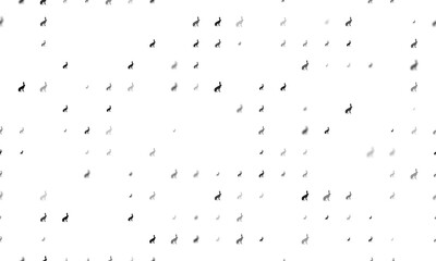 Seamless background pattern of evenly spaced black hare symbols of different sizes and opacity. Illustration on transparent background