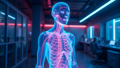 Anatomical human figure showcasing internal organs in blue and pink light