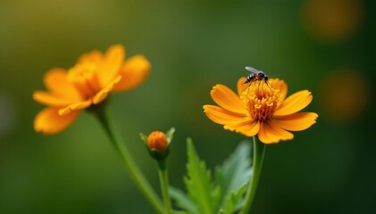 Fototapeta premium delicate French marigold stem with small orange marigold blooms and a few mosquitoes feeding on nectar, flowers, natural world, insects