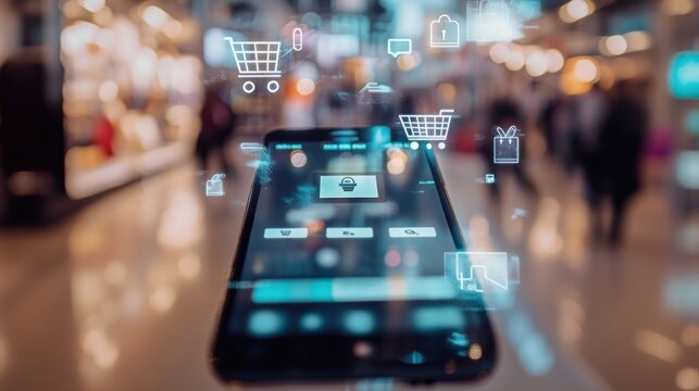 Mobile Shopping App Use in Busy Mall - Powered by Adobe