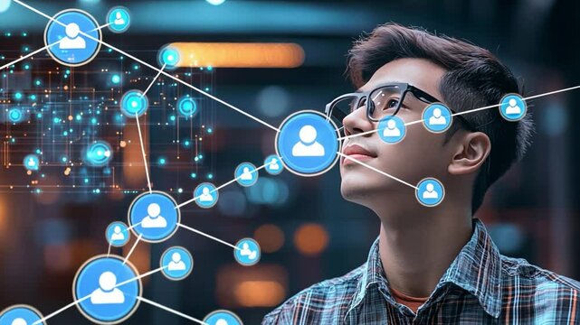 Connecting the World: A young man gazes upwards, surrounded by a network of digital connections, embodying the modern era of communication and collaboration, envisioning the future.