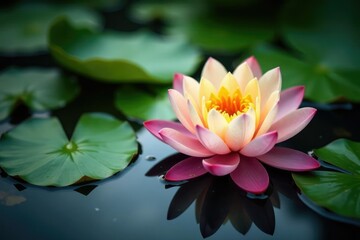 Delicate golden lotus blooms on dark watery surface, golden lotus, water garden, nature