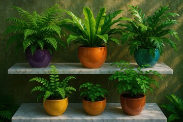 Fototapeta premium Five ferns with dewdrops in colorful clay pots placed on marble wall shelves under soft sunlight