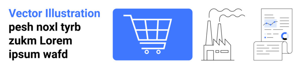 Shopping cart in blue box, factory with smokestacks, graph and text document suggesting analytics. Ideal for e-commerce, industry, production, trade, economy, finance simple landing page