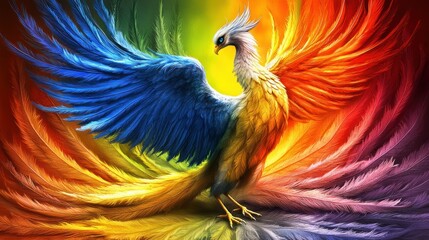 Fototapeta premium Vibrant phoenix illustration; blue and orange plumage, feathery details, captivating