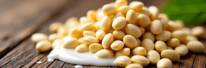 Fototapeta premium Close-up of soy milk beans with droplets on a wooden table, healthy drink concept, close-up, healthy