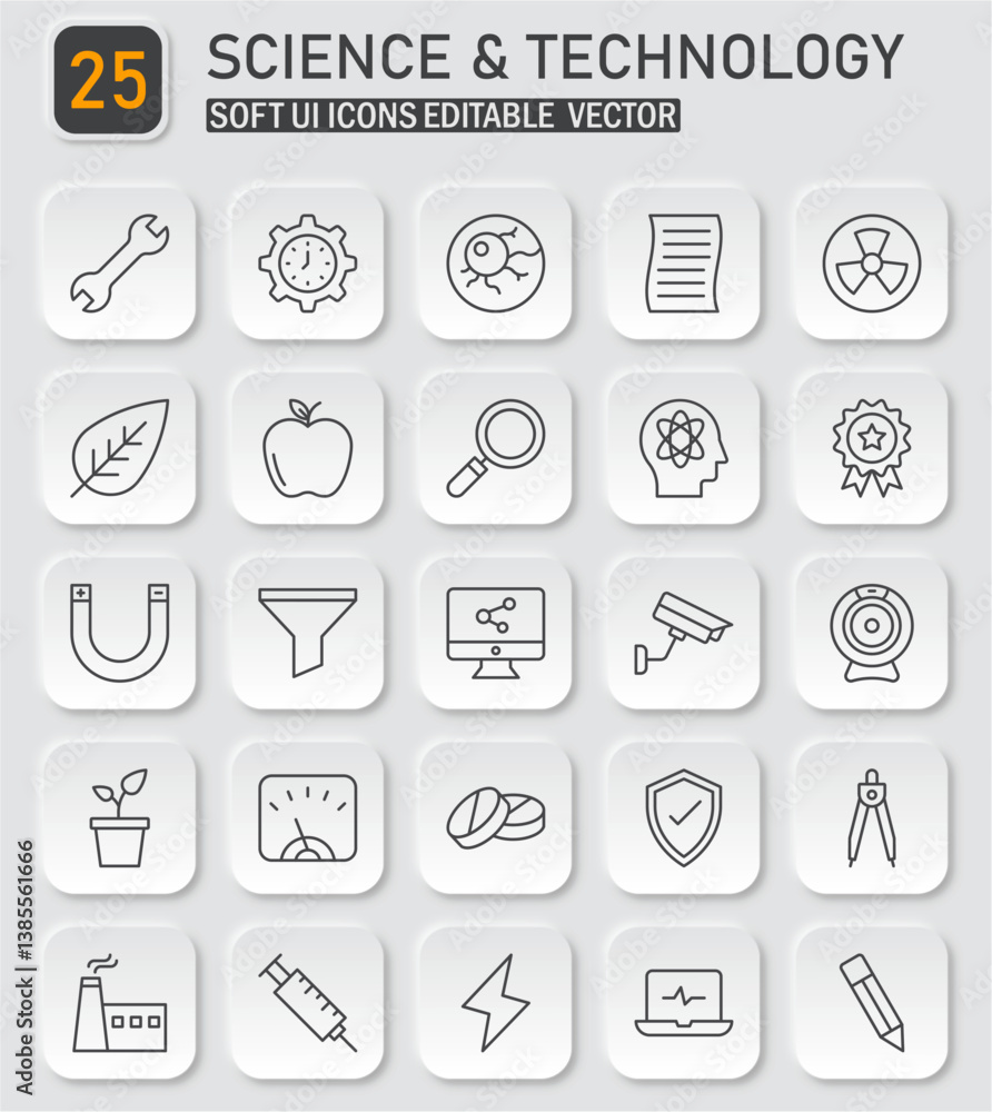 Poster collection of twenty-five science and technology line icons for user interfaces