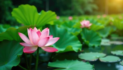 Delicate green leaves and colorful lotus flowers in the water, garden, blooming, water