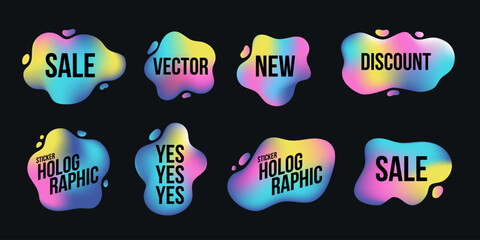 Vector holographic clouds set on black background. Hologram rainbow wavy Shapes for labels, banners or stickers. design mockups.
