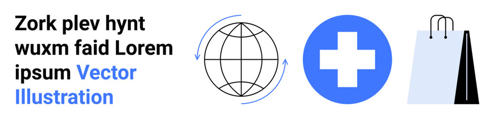 Globe with arrows represents global communication, blue cross signifies healthcare, shopping bag reflects retail. Ideal for commerce, healthcare access, globalization, online shopping, connection