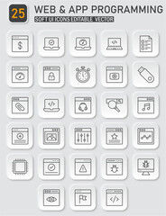 Web and Application Programming Thin Line Icons Collection on Soft UI Buttons