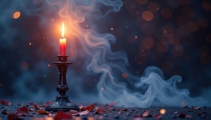 Ethereal mist swirls around a lone candelabra, candle, ethereal