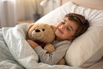 Child Sleeping Peacefully With Teddy Bear in Cozy Bedroom Generative AI