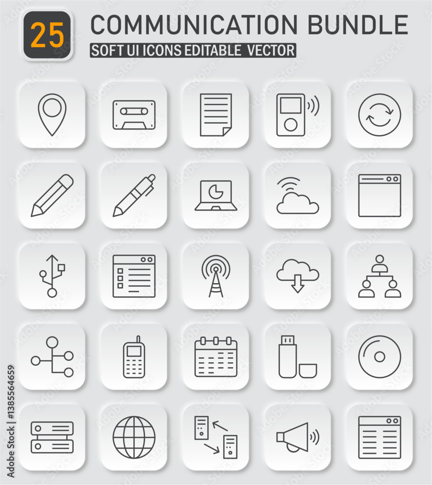 Poster versatile communication and technology icon set for ui and app design projects